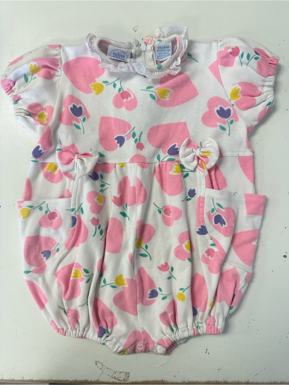 Vintage Mine Alone 80's Bubble Romper Hearts Floral Eyelet Collar 24m